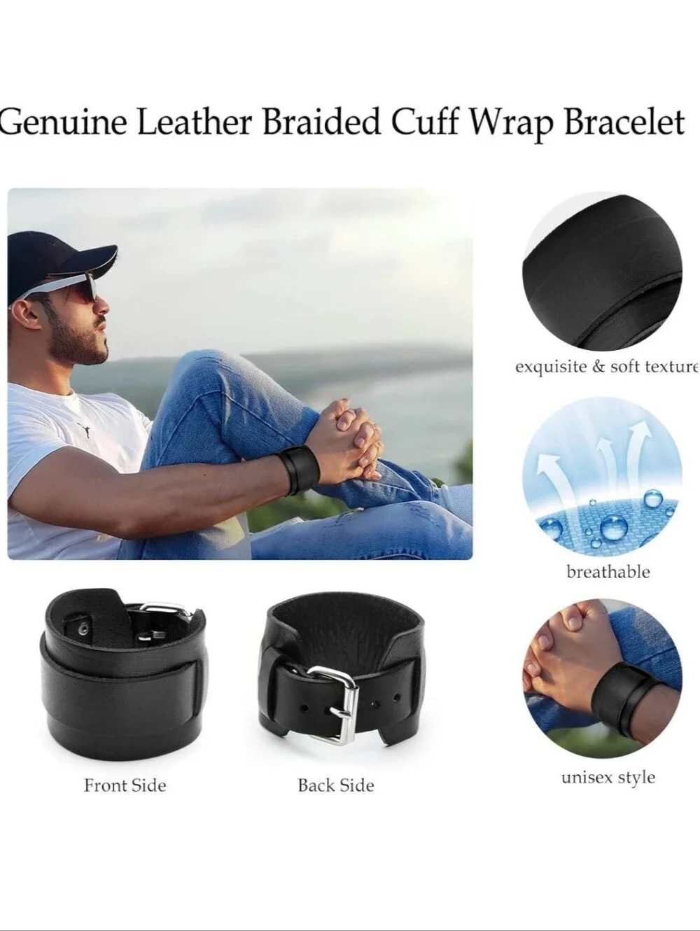 Men's & Women's Black Genuine Leather Cuff Bracelet - Minimalist Style, Black